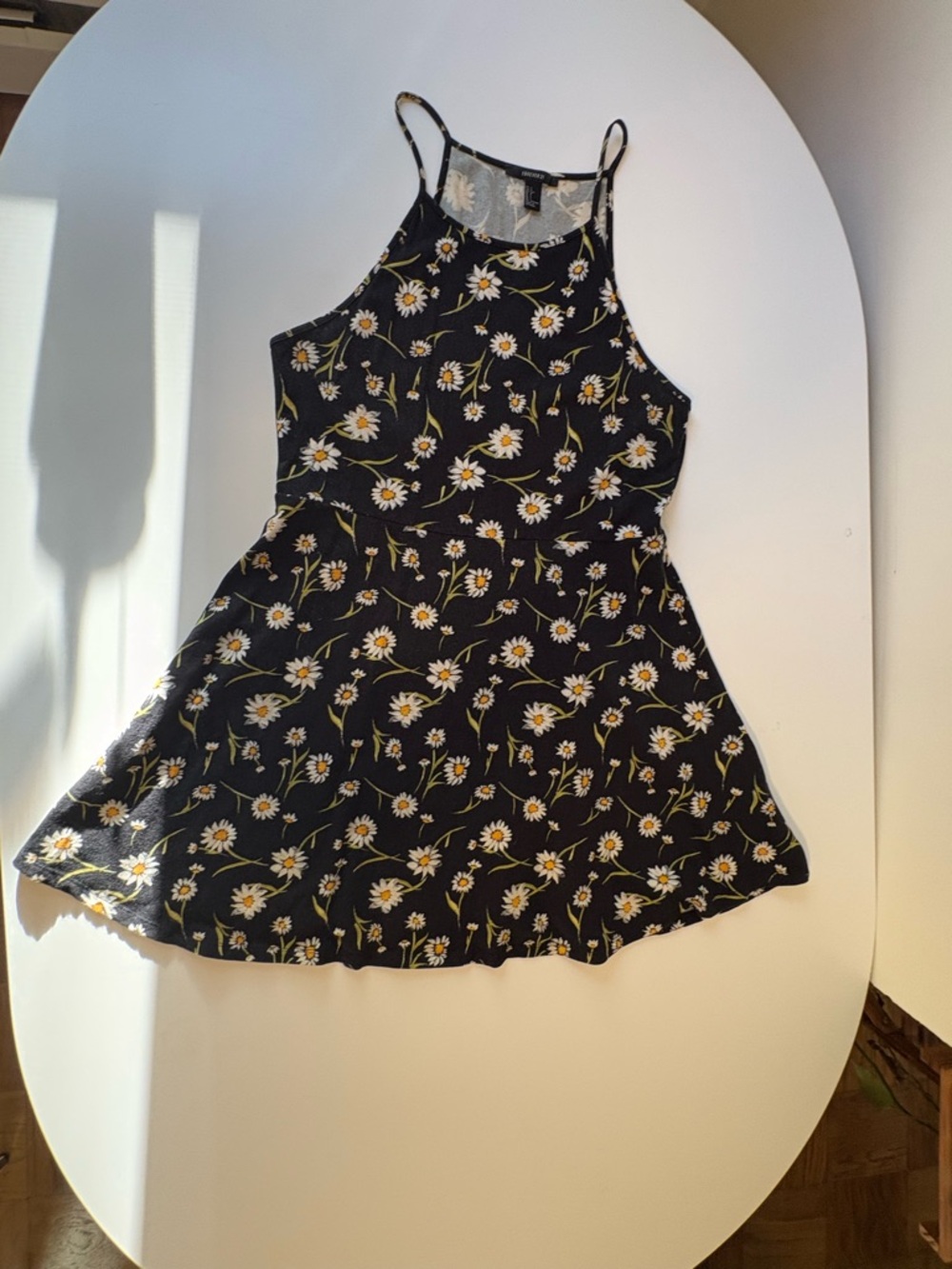 Black Daisy Print Spaghetti Strap A line Dress - Size L